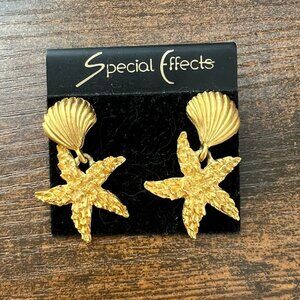 NWT Vintage Special Effects Avon Starfish Seashell Gold Dangle Earrings Novelty